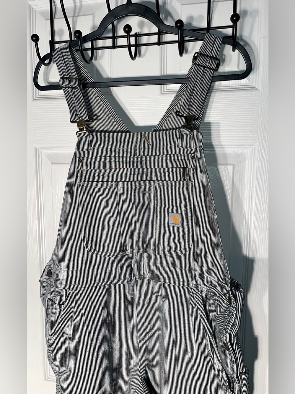 Carhartt Denim Bib Overall Women’s Large Relaxed Fit Cotton Railroad Stripe - Picture 3 of 15